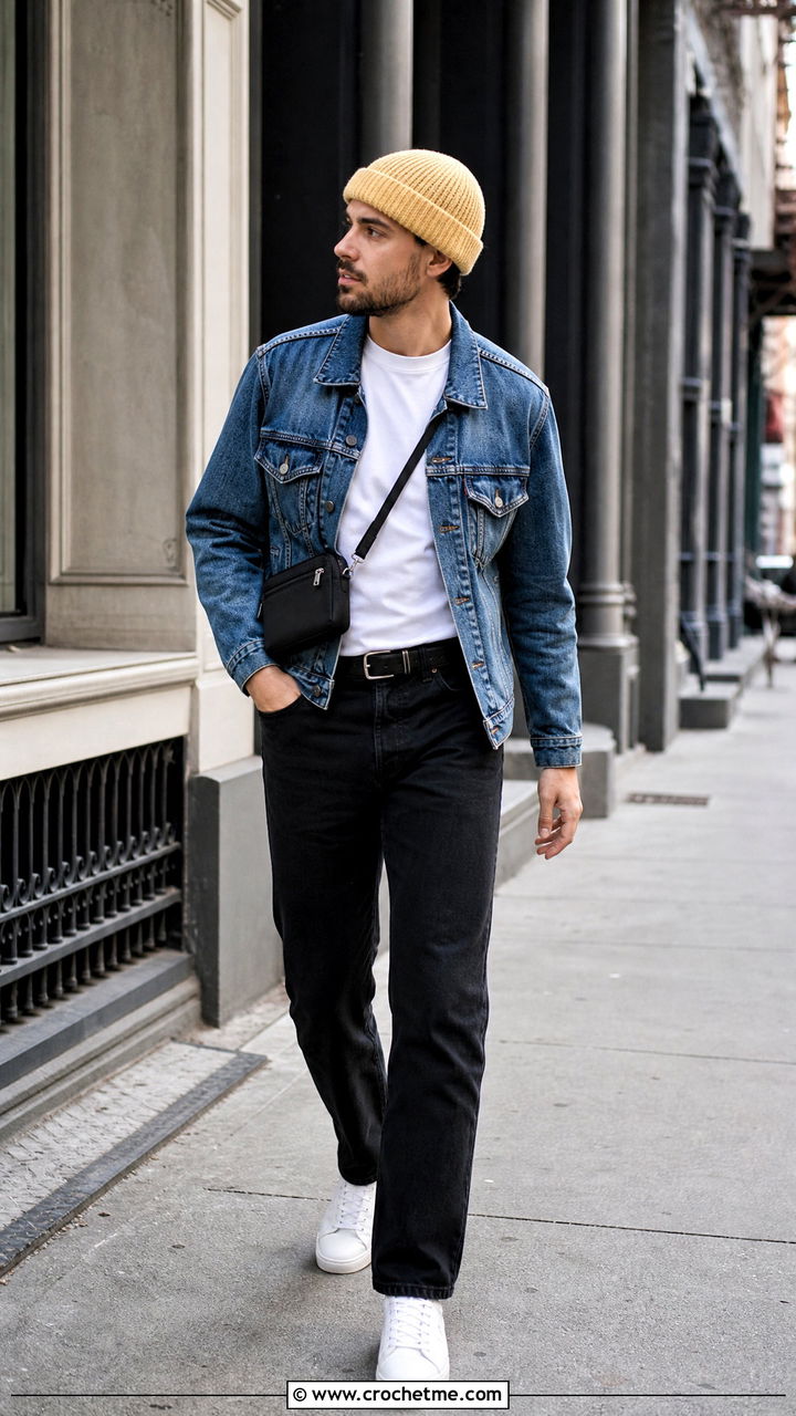 Ribbed Crochet Beanie With Denim Jacket - 35 crochet hats for men outfit ideas