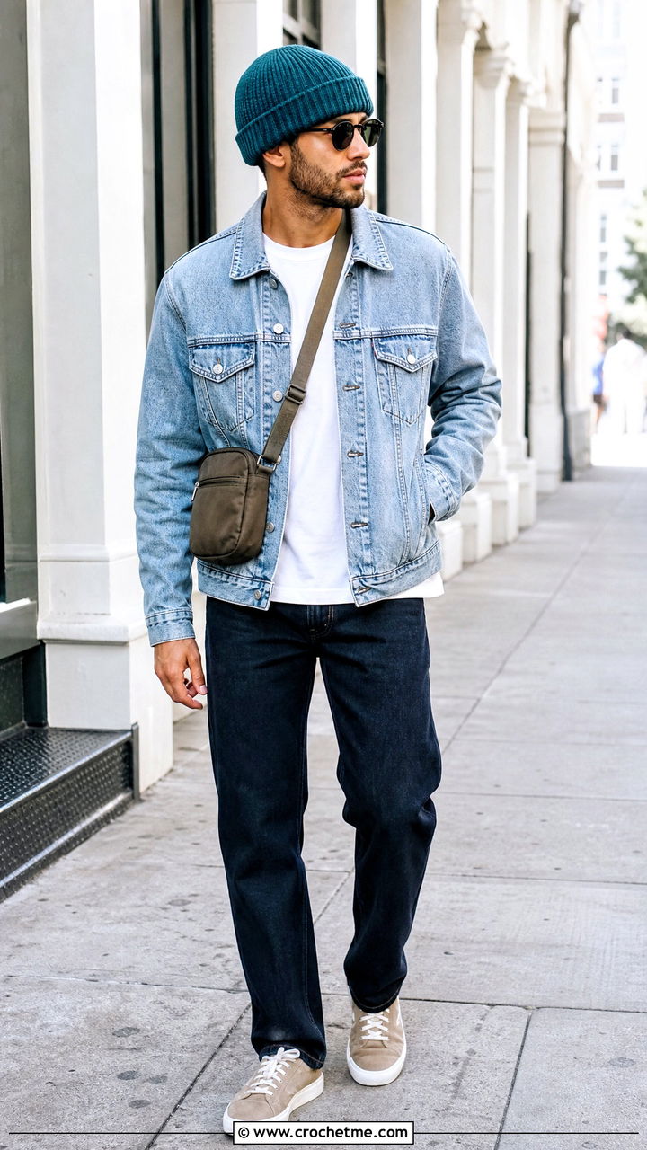 Ribbed Crochet Beanie With Denim Jacket - 35 men's crochet beanie outfit ideas
