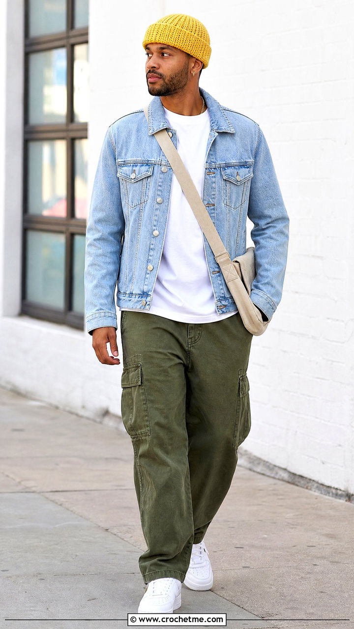 Ribbed Crochet Beanie With Denim Jacket - 35 men's crochet hat outfit ideas