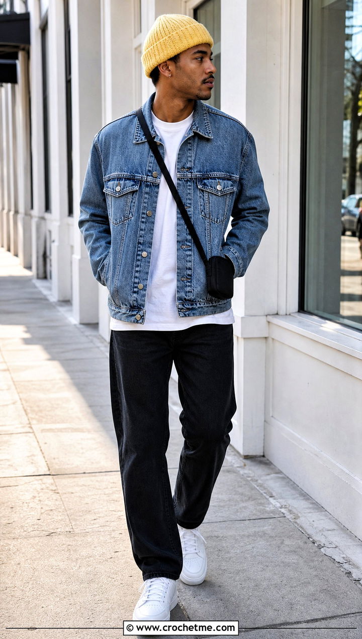 Ribbed Crochet Beanie With Denim Jacket - 35 mens crochet hat outfit ideas
