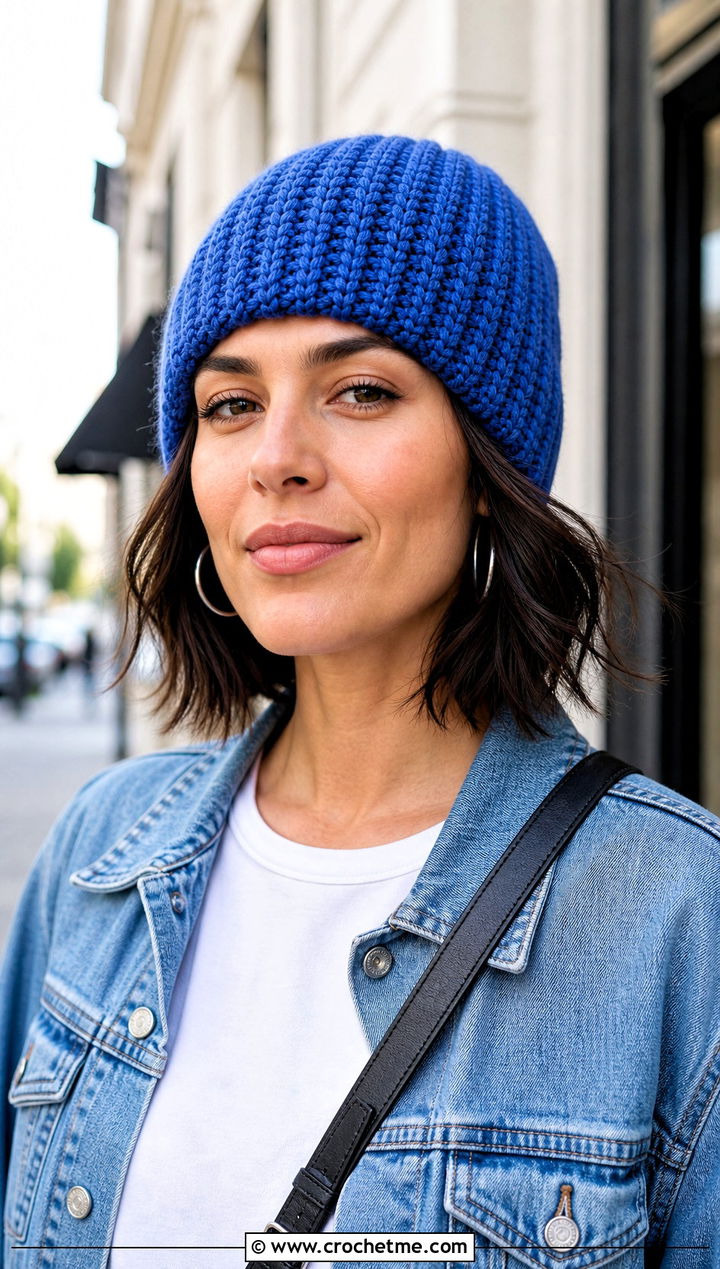 Ribbed Crochet Beanie With Denim Jacket - 25 3 Weight Yarn Crochet Beanie outfit ideas