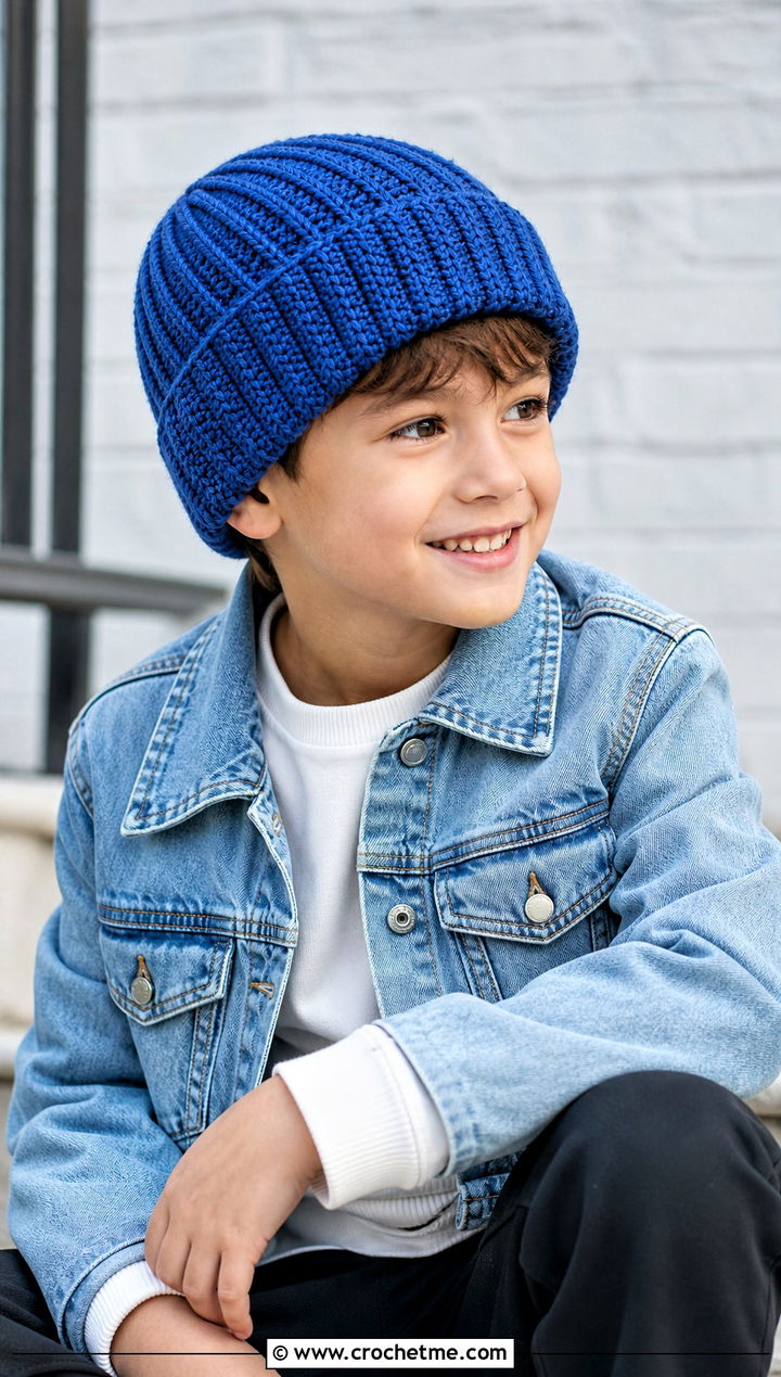 Ribbed Crochet Beanie With Denim Jacket - 25 crochet childs hat outfit ideas