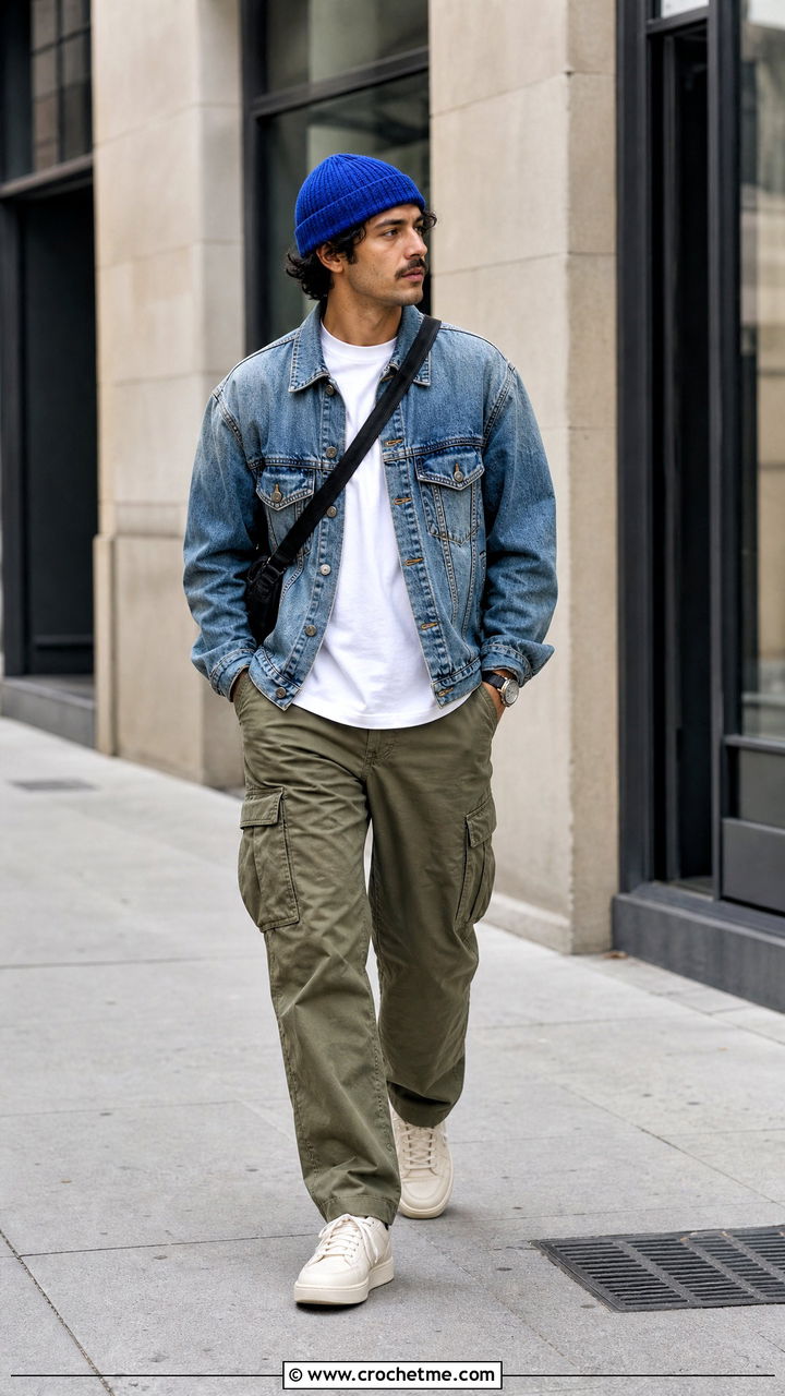Ribbed Crochet Beanie With Denim Jacket And Cargo Pants - 35 crochet hat for men outfit ideas