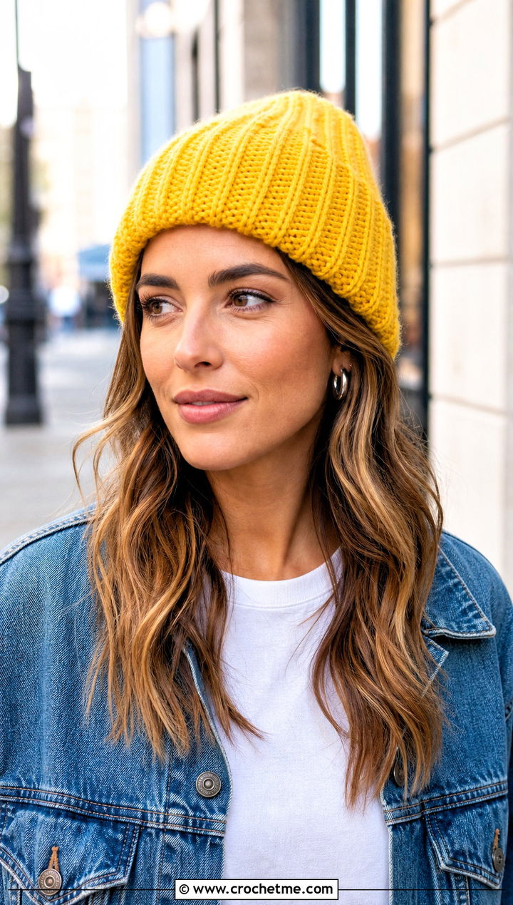 Ribbed Crochet Beanie With Denim Jacket And Jeans - 30 beginner crochet hat outfit ideas