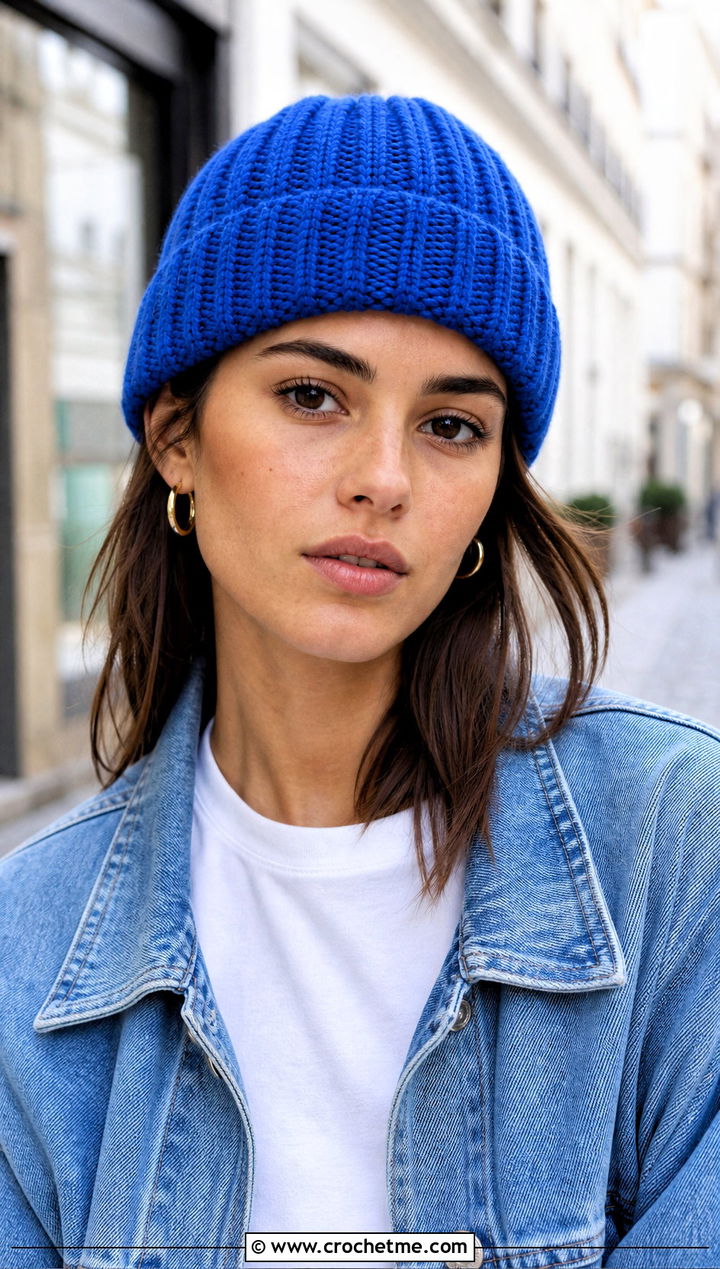 Ribbed Crochet Beanie With Denim Jacket - 30 Quick Crochet Beanie outfit ideas
