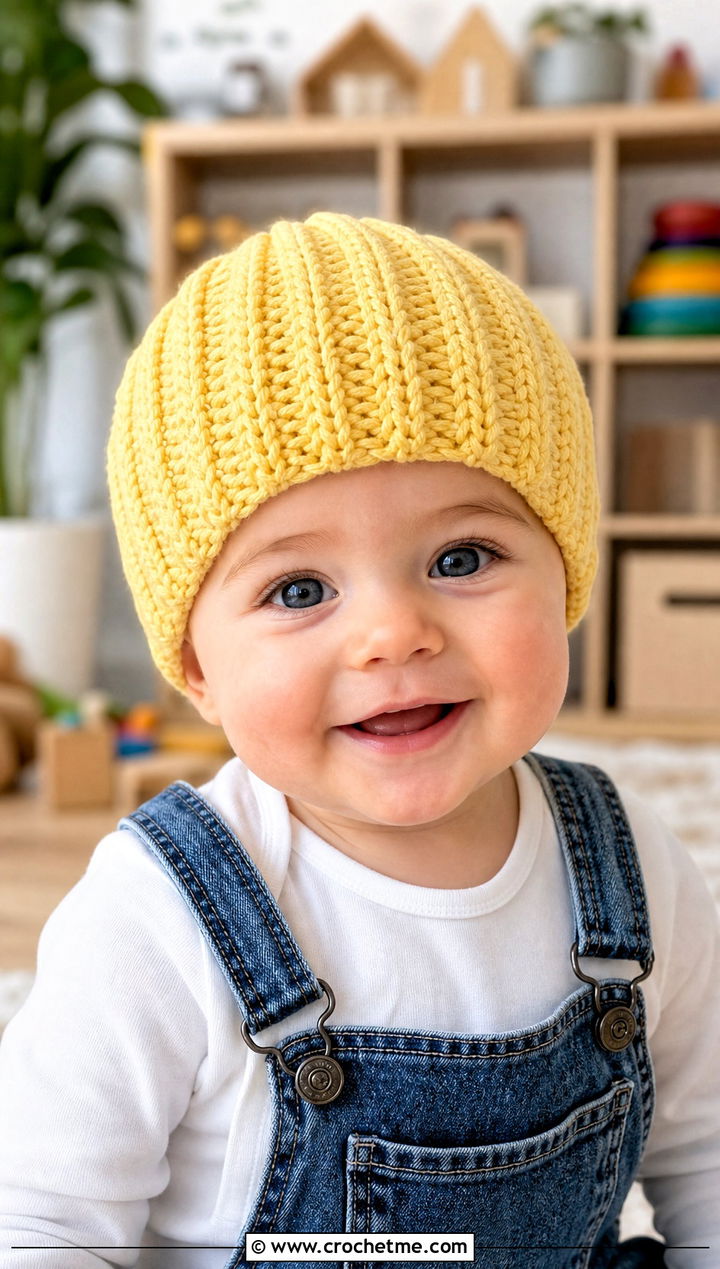 Ribbed Crochet Beanie With Denim Overalls - 15 12 month old crochet hat outfit ideas