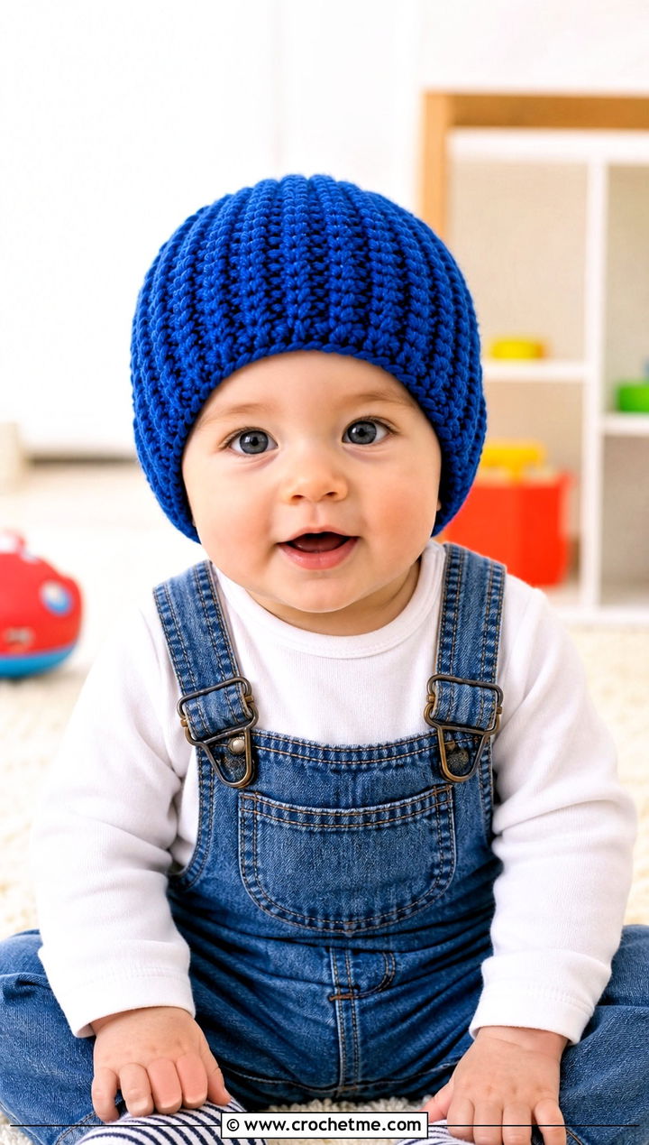 Ribbed Crochet Beanie With Denim Overalls - 15 12 Month Crochet Hat outfit ideas