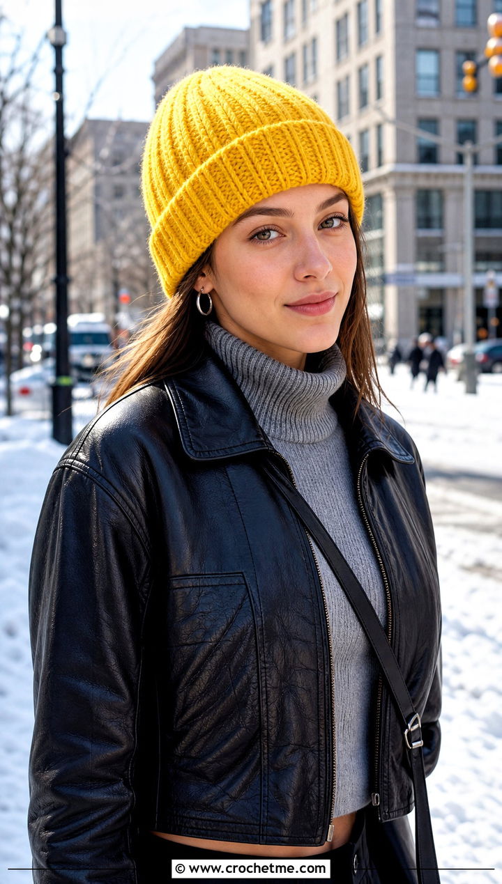 Ribbed Crochet Beanie With Leather Jacket - 20 Fun Crochet Hat outfit ideas