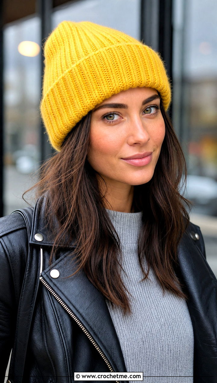 Ribbed Crochet Beanie With Leather Jacket Outfit - 20 Easy Crochet Womens Hat outfit ideas
