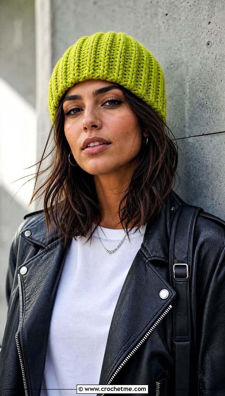 Ribbed Crochet Beanie With Leather Jacket Outfit - 25 Unisex Crochet Hat outfit ideas