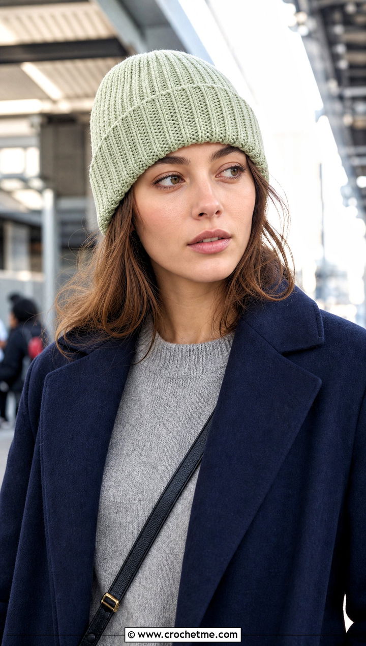 Ribbed Crochet Beanie With Long Tailored Coat - 25 winter crochet outfit ideas