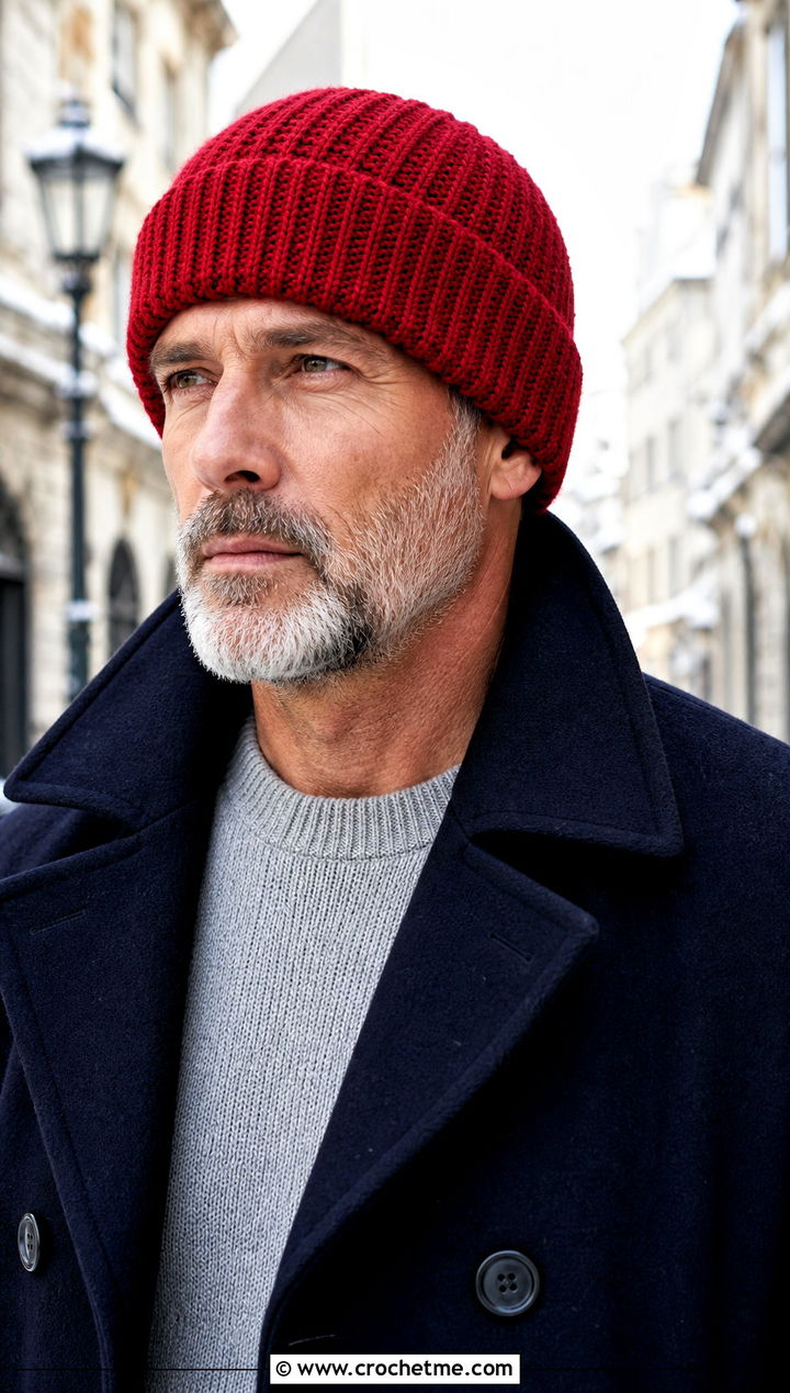 Ribbed Crochet Beanie With Peacoat - 30 Mens Crochet Outfit ideas