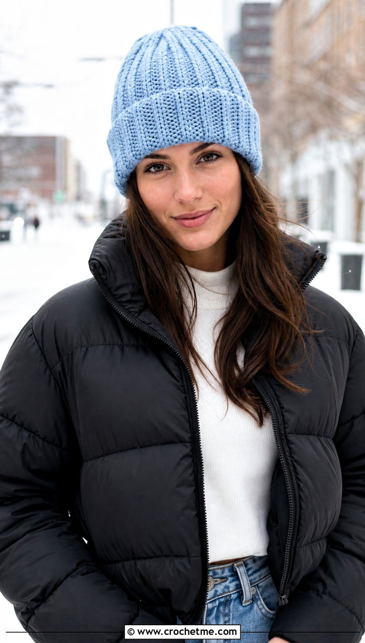 Ribbed Crochet Beanie With Puffer Coat And Jeans - 25 winter crochet hat for women outfit ideas