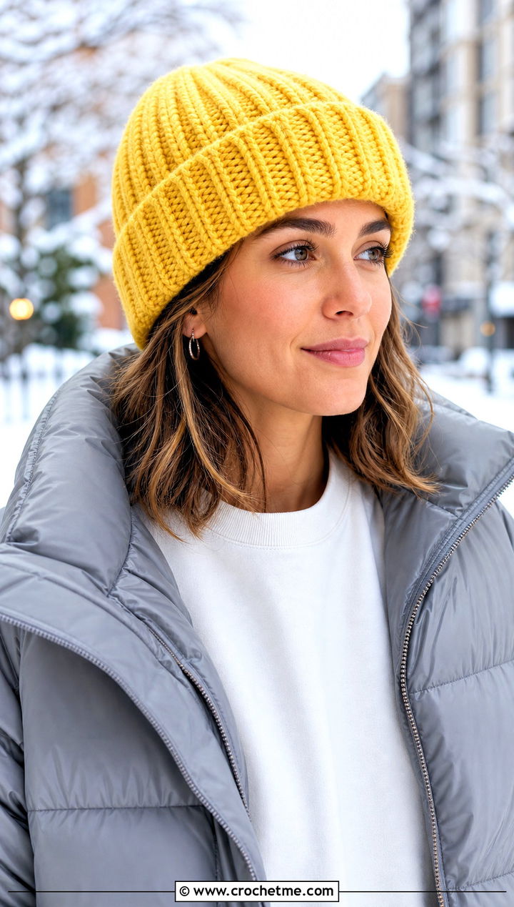 Ribbed Crochet Beanie With Puffer Coat - 20 Warm Crochet Hat outfit ideas