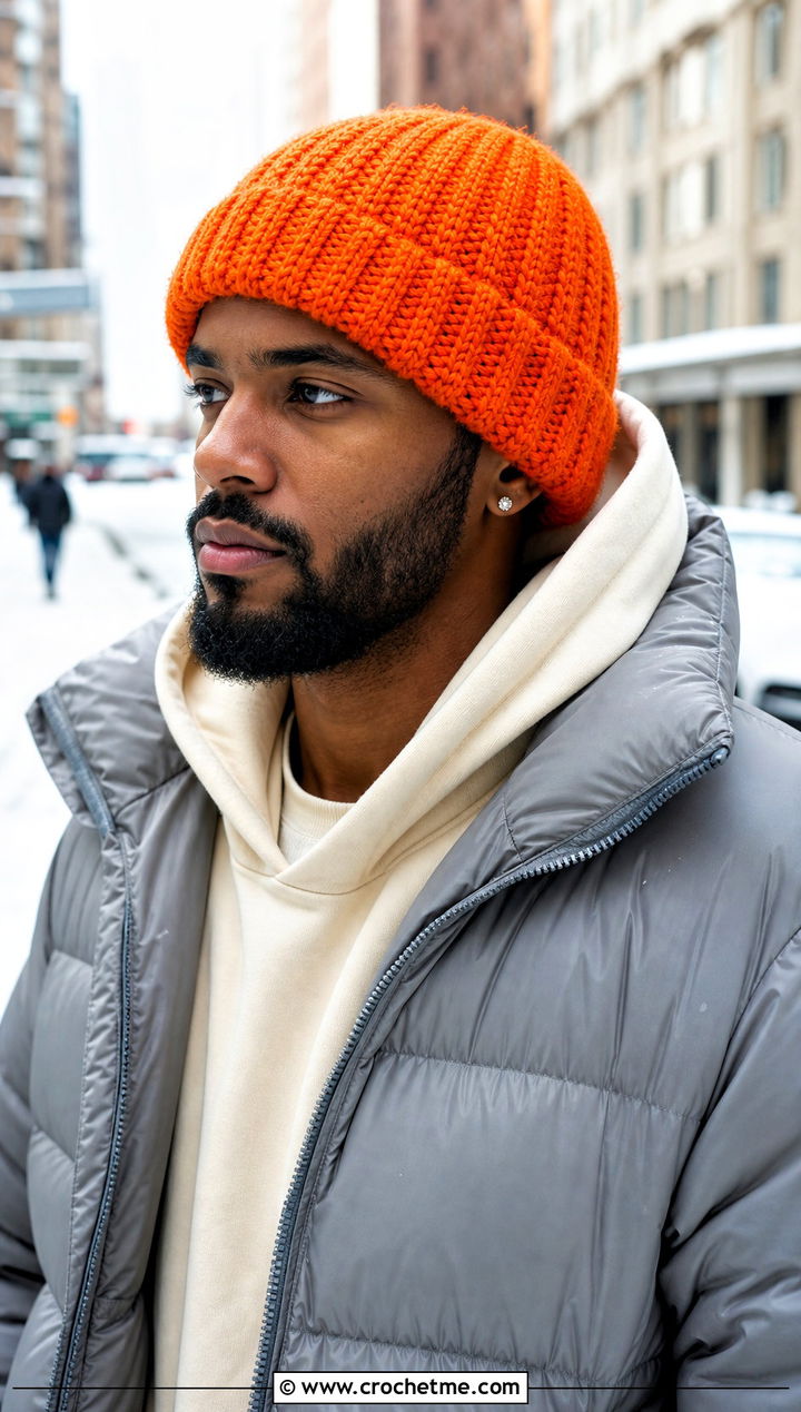 Ribbed Crochet Beanie With Puffer Jacket - 30 male crochet hat outfit ideas