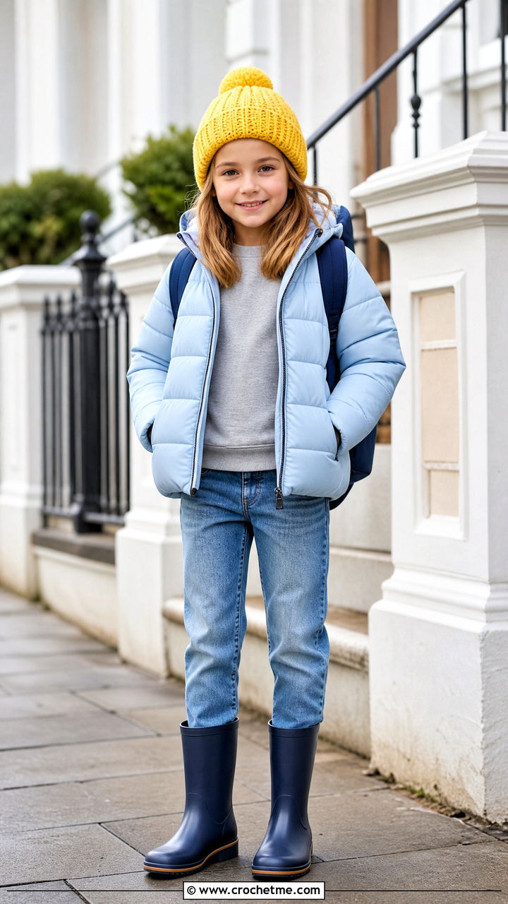 Ribbed Crochet Beanie With Puffer Jacket - 35 childrens crochet hats outfit ideas