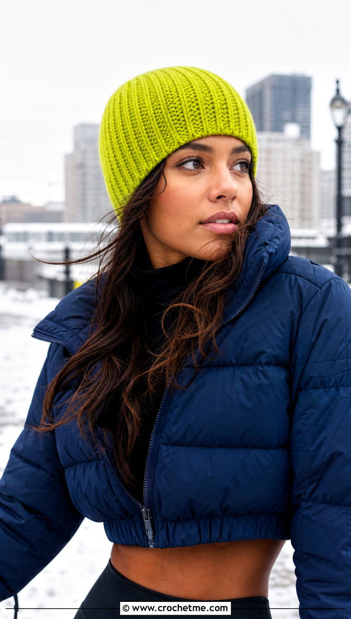 Ribbed Crochet Beanie With Puffer Jacket - 35 cute crochet hat outfit ideas