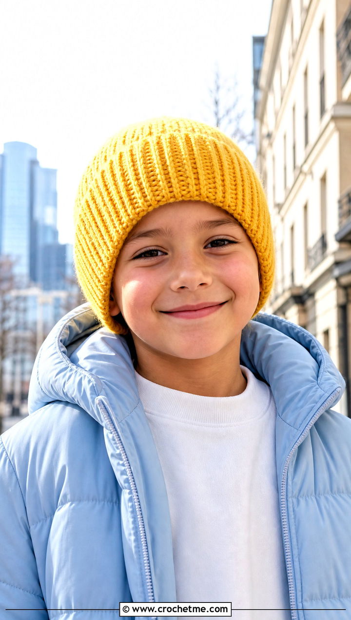 Ribbed Crochet Beanie With Puffer Jacket - 15 Childs Crochet Hat outfit ideas