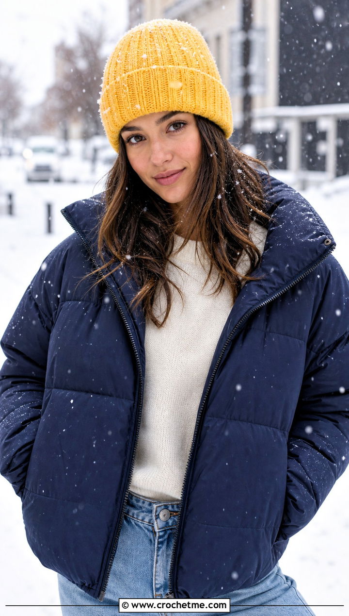 Ribbed Crochet Beanie With Puffer Jacket And Jeans - 30 easy crochet winter hat outfit ideas