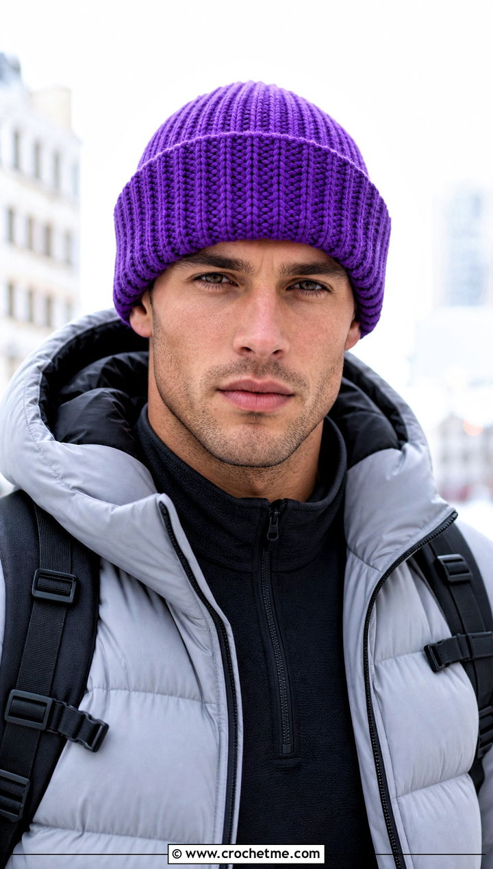 Ribbed Crochet Beanie With Puffer Jacket And Joggers - 30 men's crochet hats outfit ideas