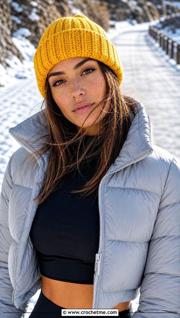 Ribbed Crochet Beanie With Puffer Jacket And Leggings - 15 Easy Crochet Hats For Women outfit ideas