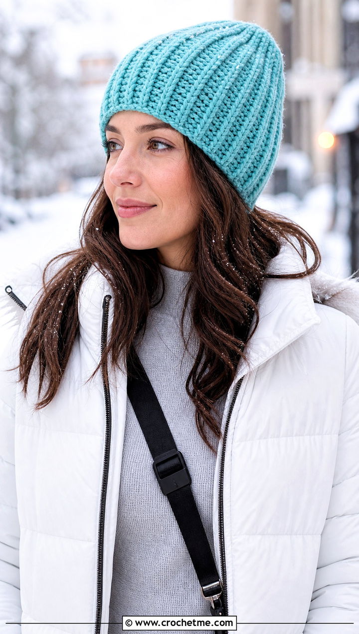 Ribbed Crochet Beanie With Puffer Jacket And Leggings - 30 Quick And Easy Crochet Hat outfit ideas