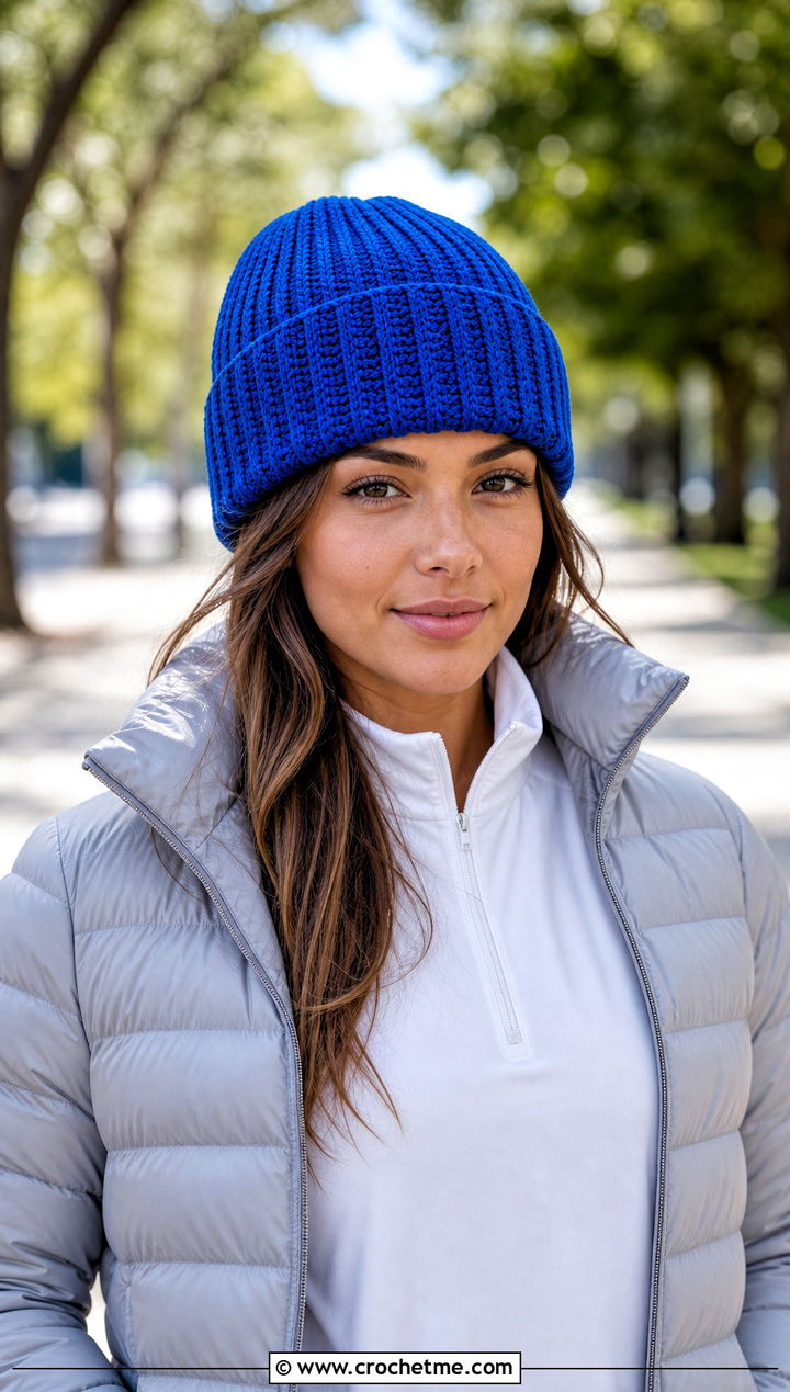 Ribbed Crochet Beanie With Puffer Jacket - 30 hats to crochet outfit ideas
