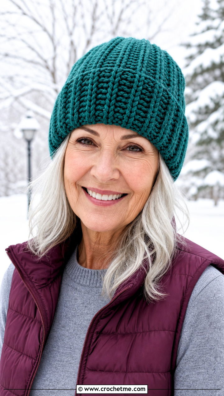 Ribbed Crochet Beanie With Puffer Vest - 25 Crochet Hat For Grandma outfit ideas