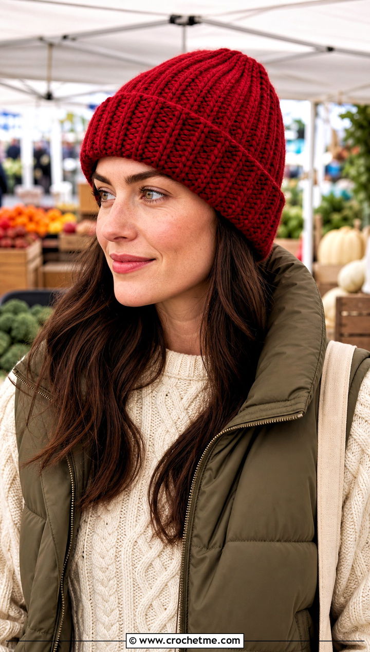 Ribbed Crochet Beanie With Puffer Vest - 25 Cute Crochet Hats outfit ideas