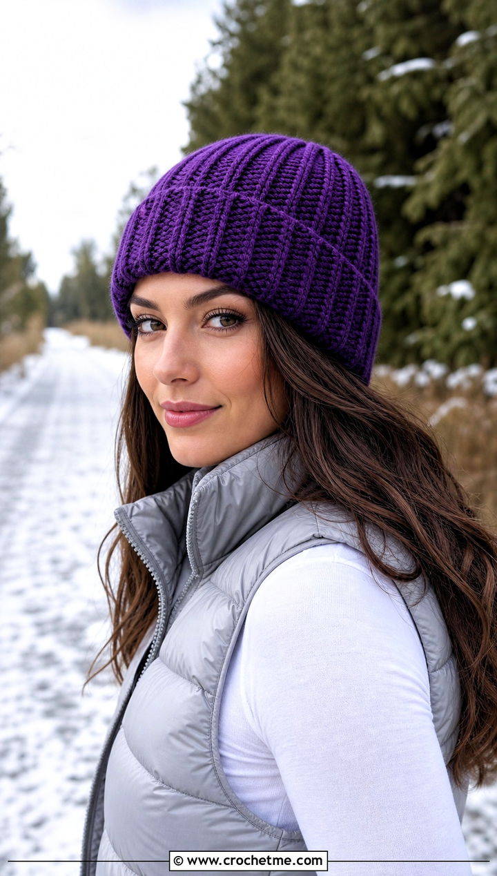 Ribbed Crochet Beanie With Puffer Vest - 30 aesthetic crochet hat ideas