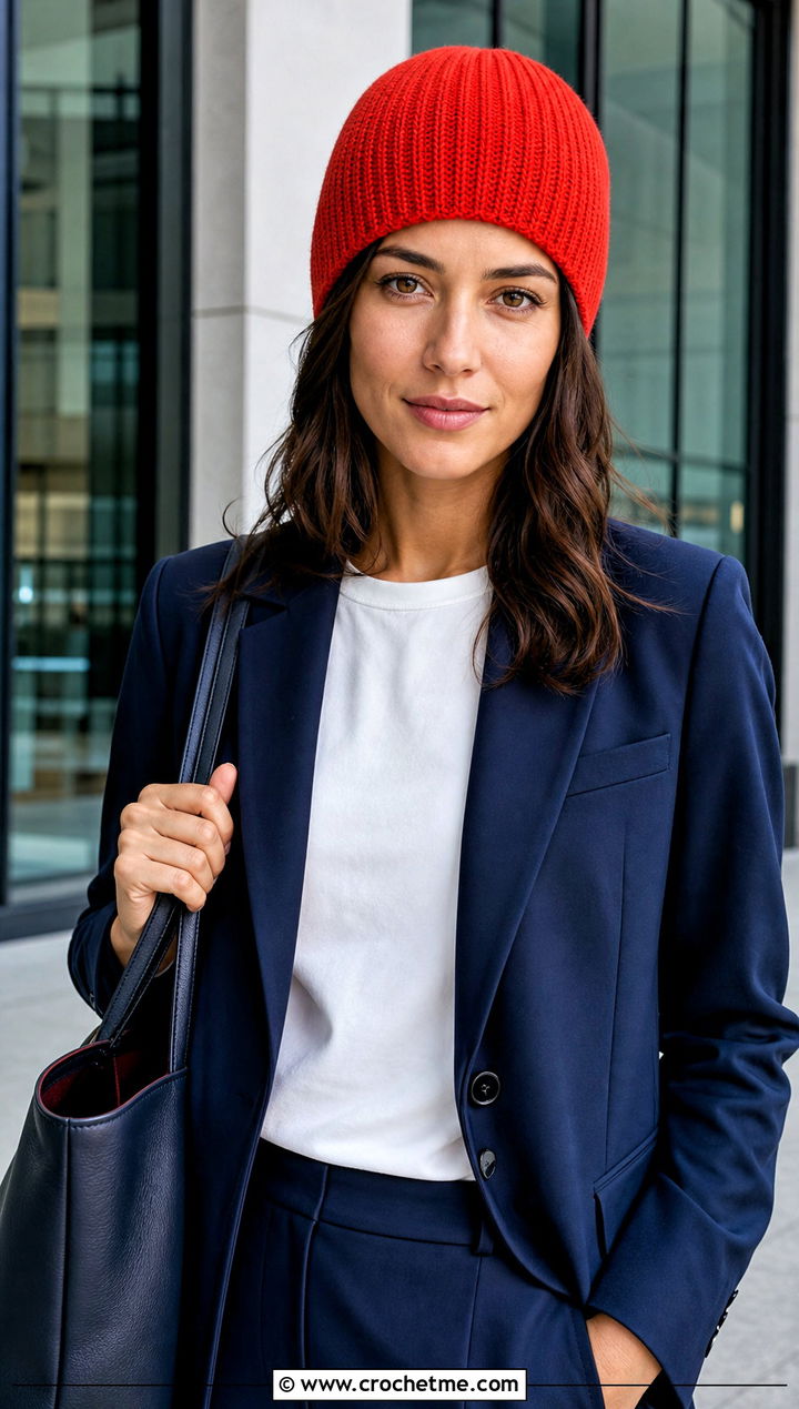 Ribbed Crochet Beanie With Tailored Suit - 30 Crochet Womens Hat outfit ideas