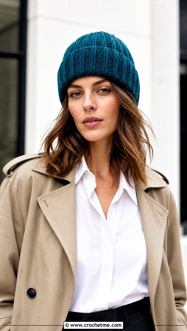 Ribbed Crochet Beanie With Trench Coat - 25 Women Crochet Beanie outfit ideas