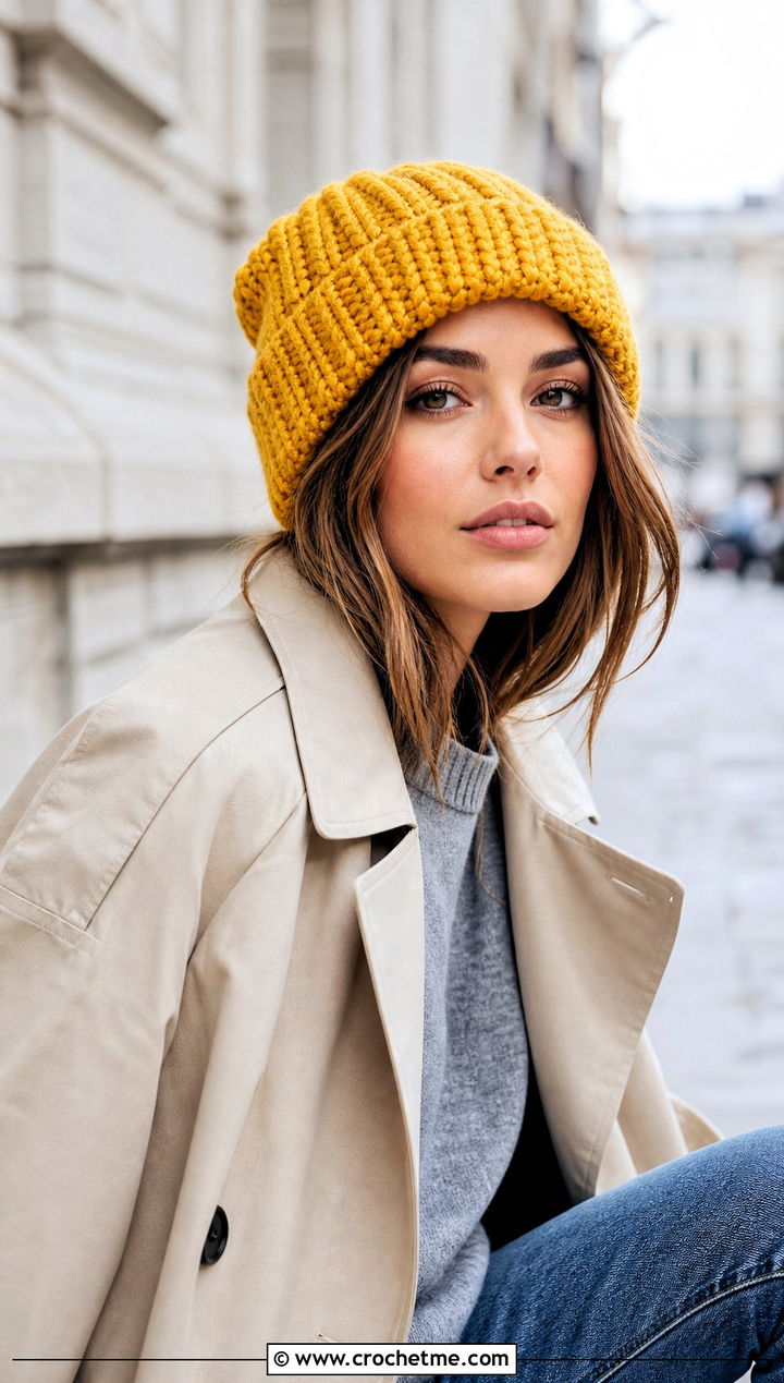 Ribbed Crochet Beanie With Trench Coat - 25 Worsted Weight Yarn Crochet Hat outfit ideas