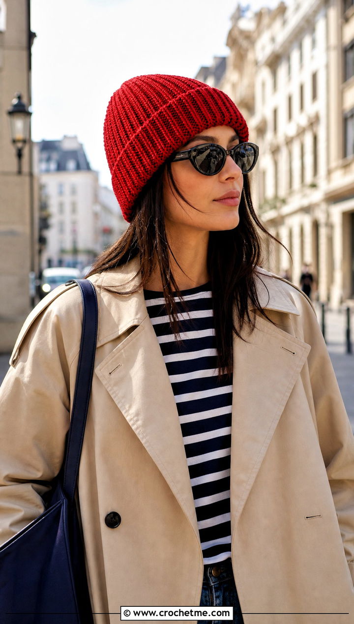 Ribbed Crochet Beanie With Trench Coat And Jeans - 15 Country Cottage Crochet Hat outfit ideas