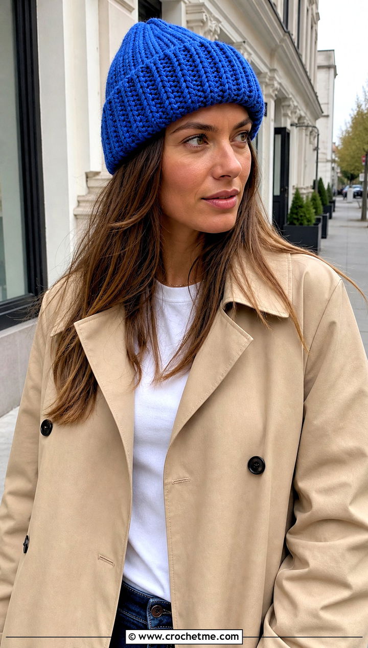 Ribbed Crochet Beanie With Trench Coat And Jeans - 15 Crochet Beanie Bucket Hat outfit ideas