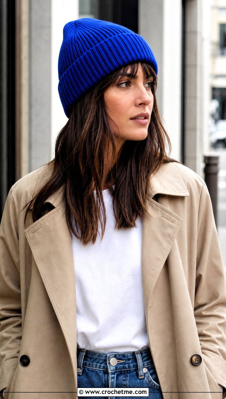 Ribbed Crochet Beanie With Trench Coat And Jeans - 15 Womens Crochet Beanie outfit ideas