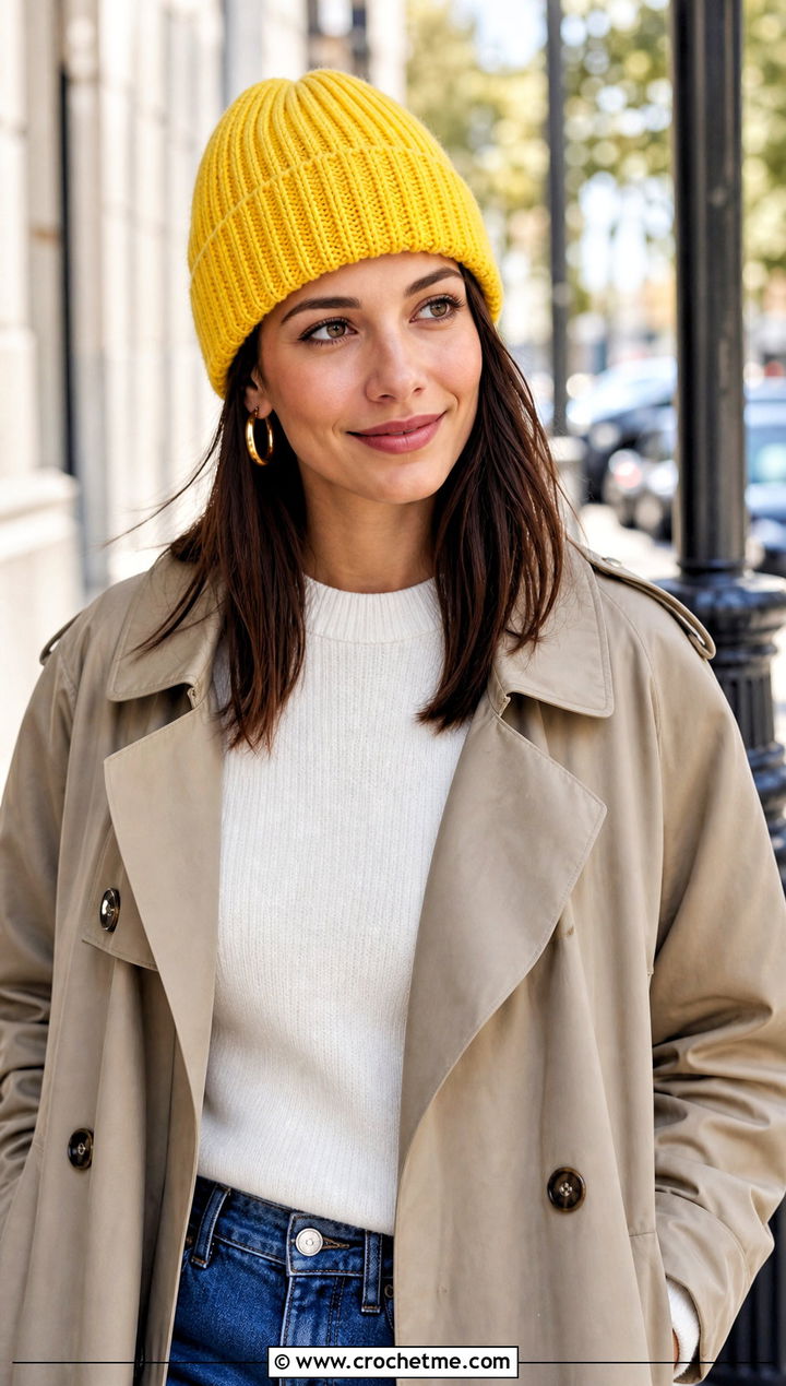 Ribbed Crochet Beanie With Trench Coat And Jeans - 25 easy crochet beanies outfit ideas