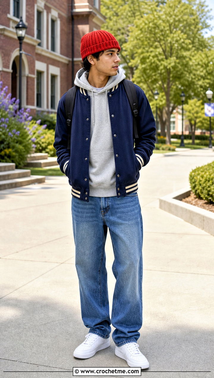 Ribbed Crochet Beanie With Varsity Jacket - 35 crochet hats men outfit ideas