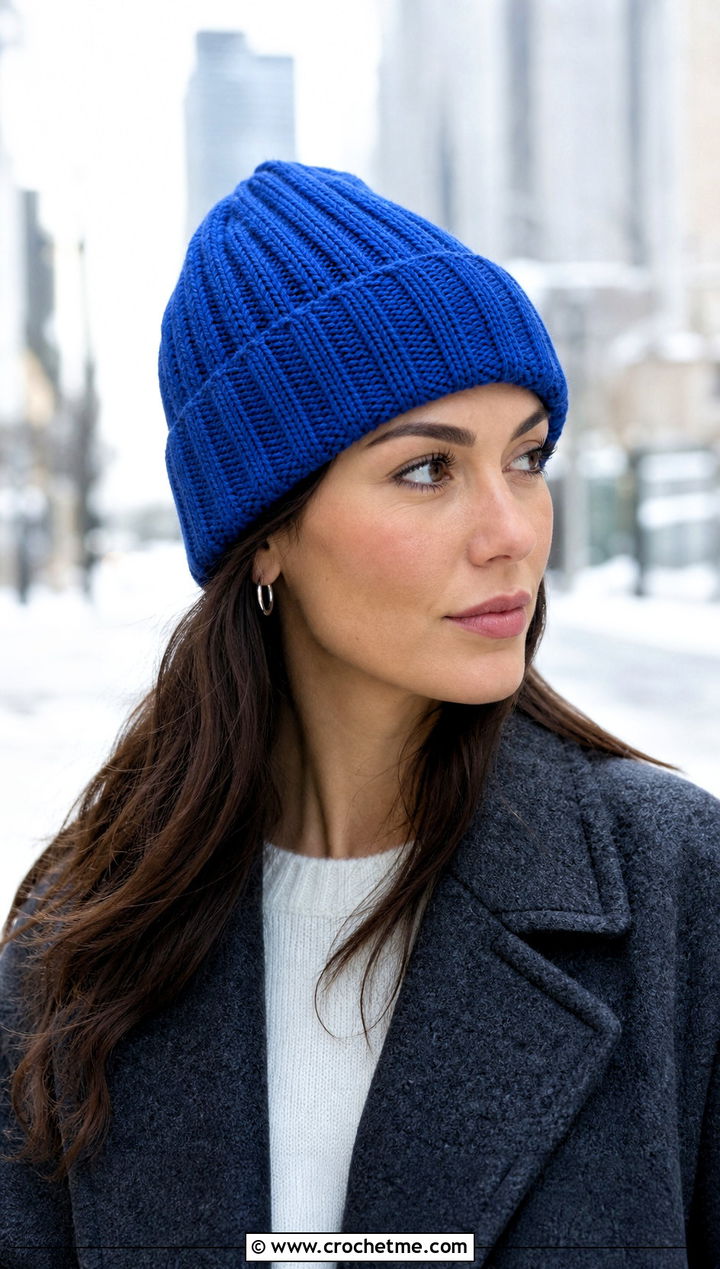 Ribbed Crochet Beanie With Wool Coat - 25 Quick Crochet Hats outfit ideas