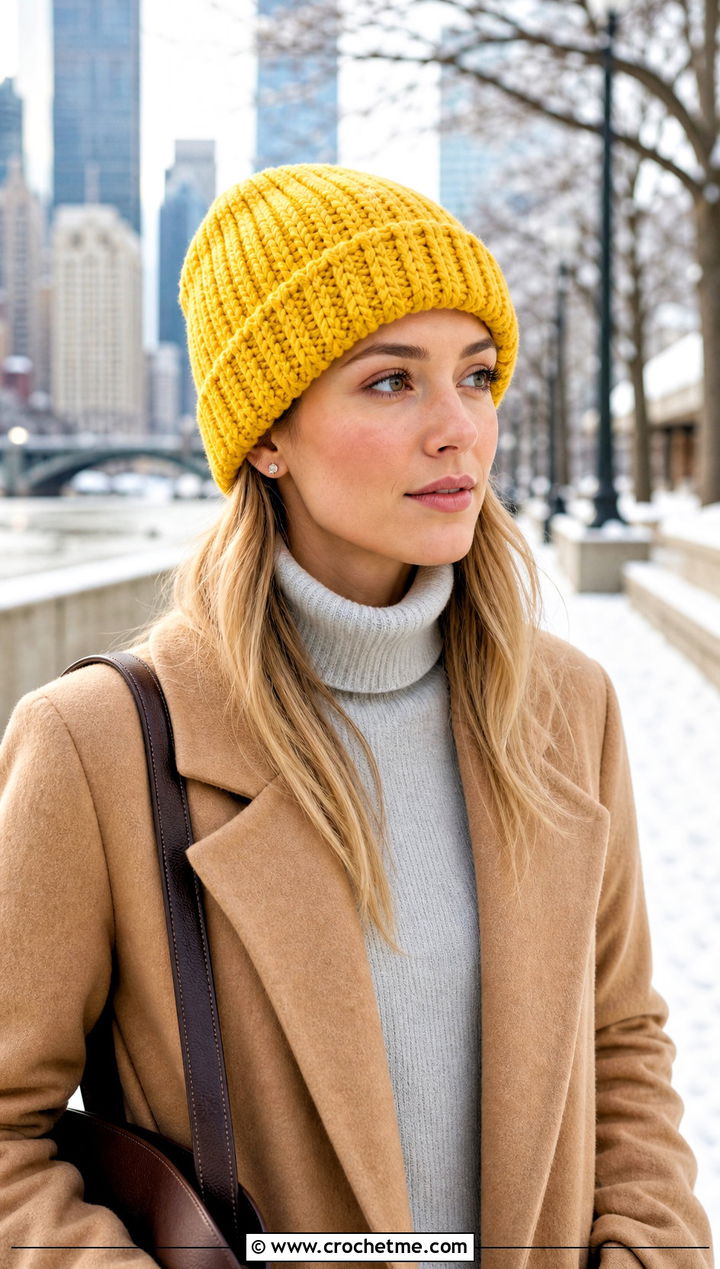 Ribbed Crochet Beanie With Wool Coat Outfit - 15 Crochet Women's Hats outfit ideas