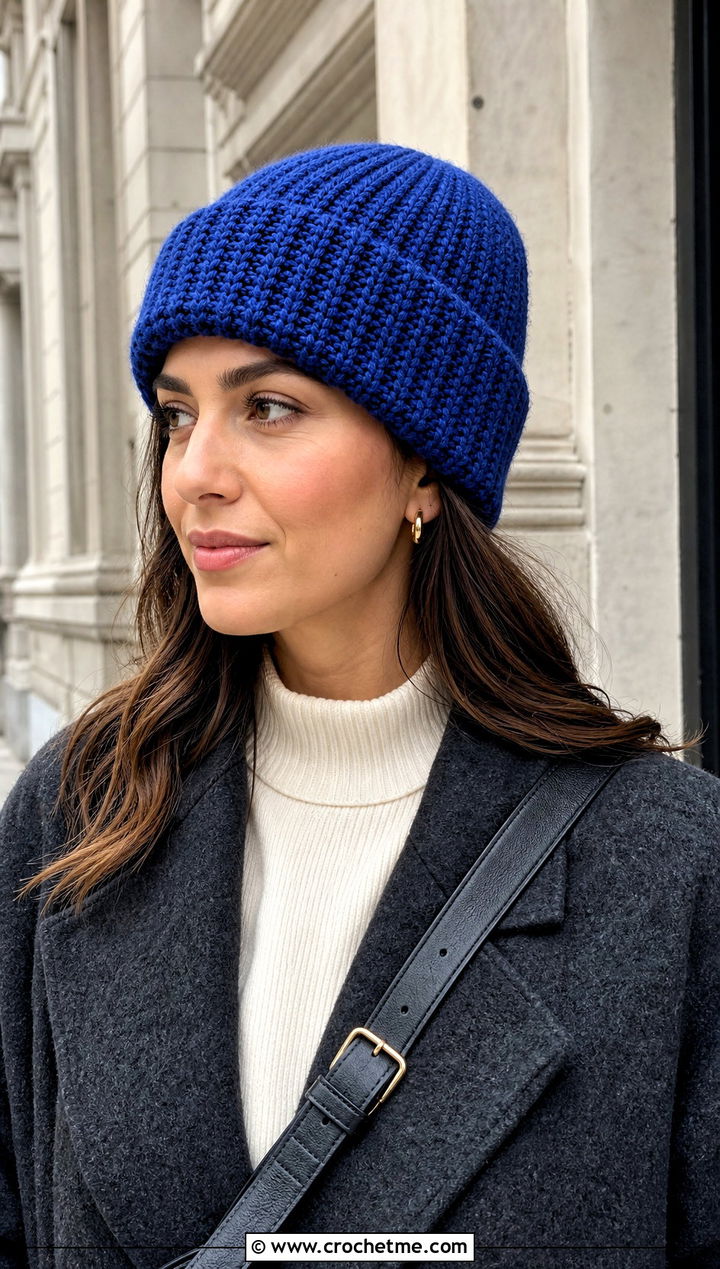 Ribbed Crochet Beanie With Wool Coat - 30 winter crochet hats outfit ideas