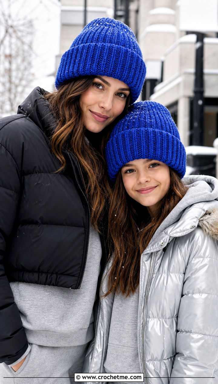 Ribbed Crochet Beanies With Puffer Jackets - 25 Mommy And Me Crochet Hats outfit ideas