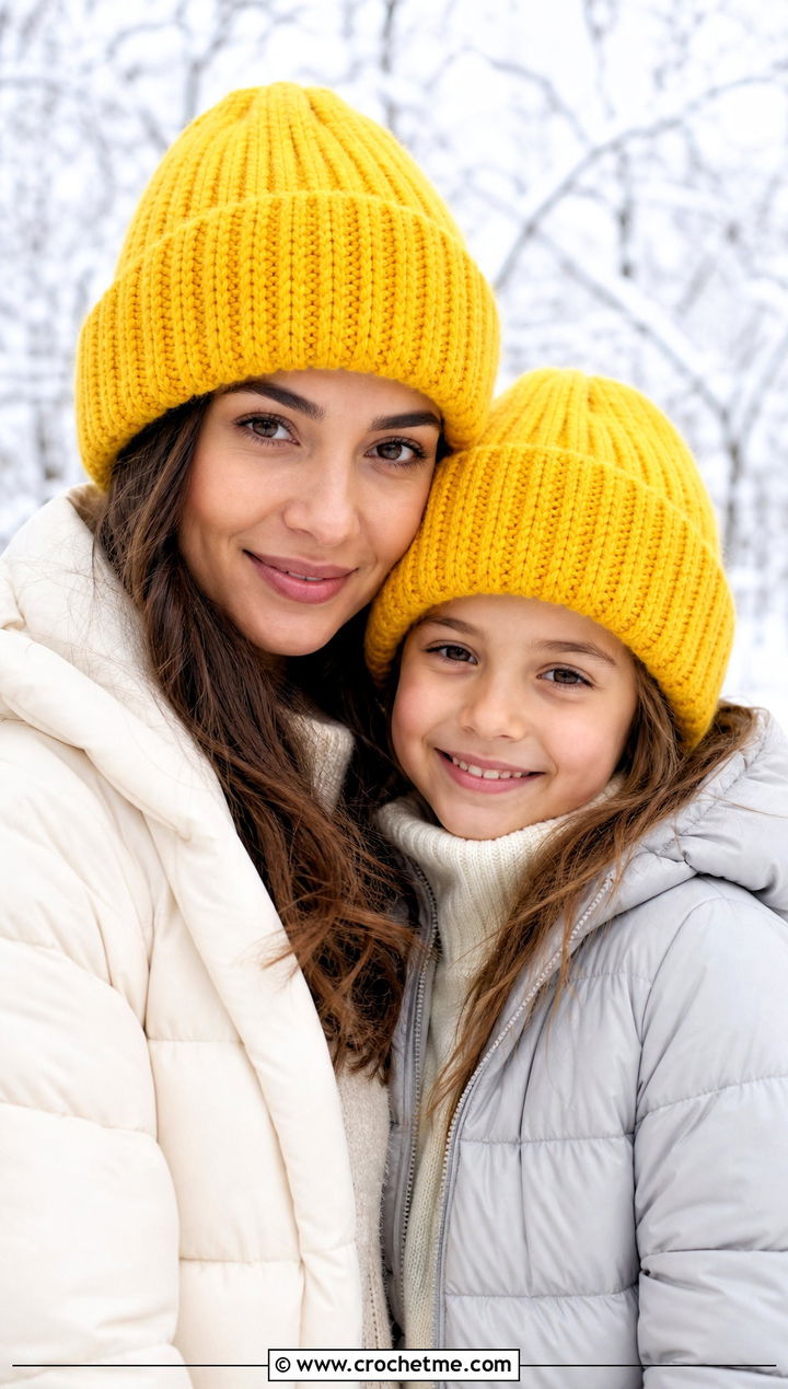 Ribbed Crochet Beanies With Puffer Jackets - 25 crochet mommy and me hats outfit ideas