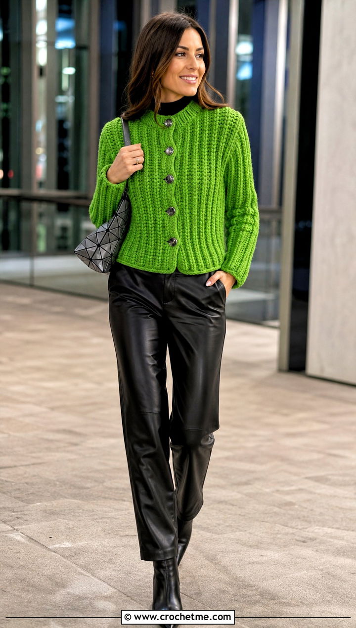 Ribbed Crochet Bed Jacket With Leather Pants - 25 Crochet Bed Jackets outfit ideas