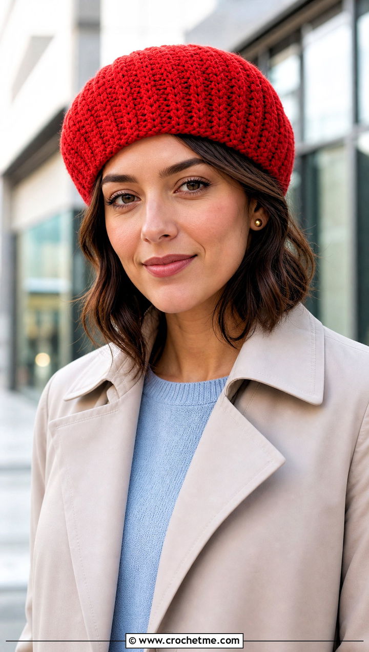 Ribbed Crochet Beret With Trench Coat And Trousers - 15 simple crochet beret outfit ideas