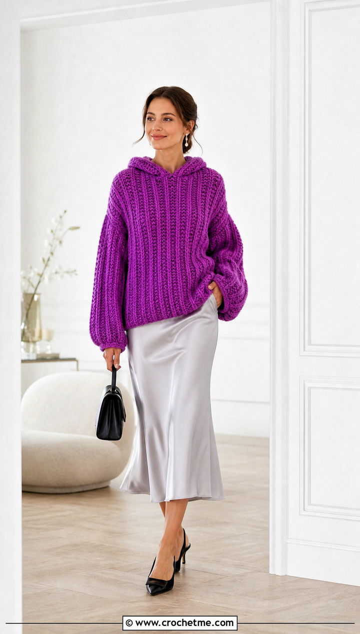 Ribbed Crochet Blanket Hoodie With Satin Midi Skirt - 30 crochet blanket hoodie outfit ideas