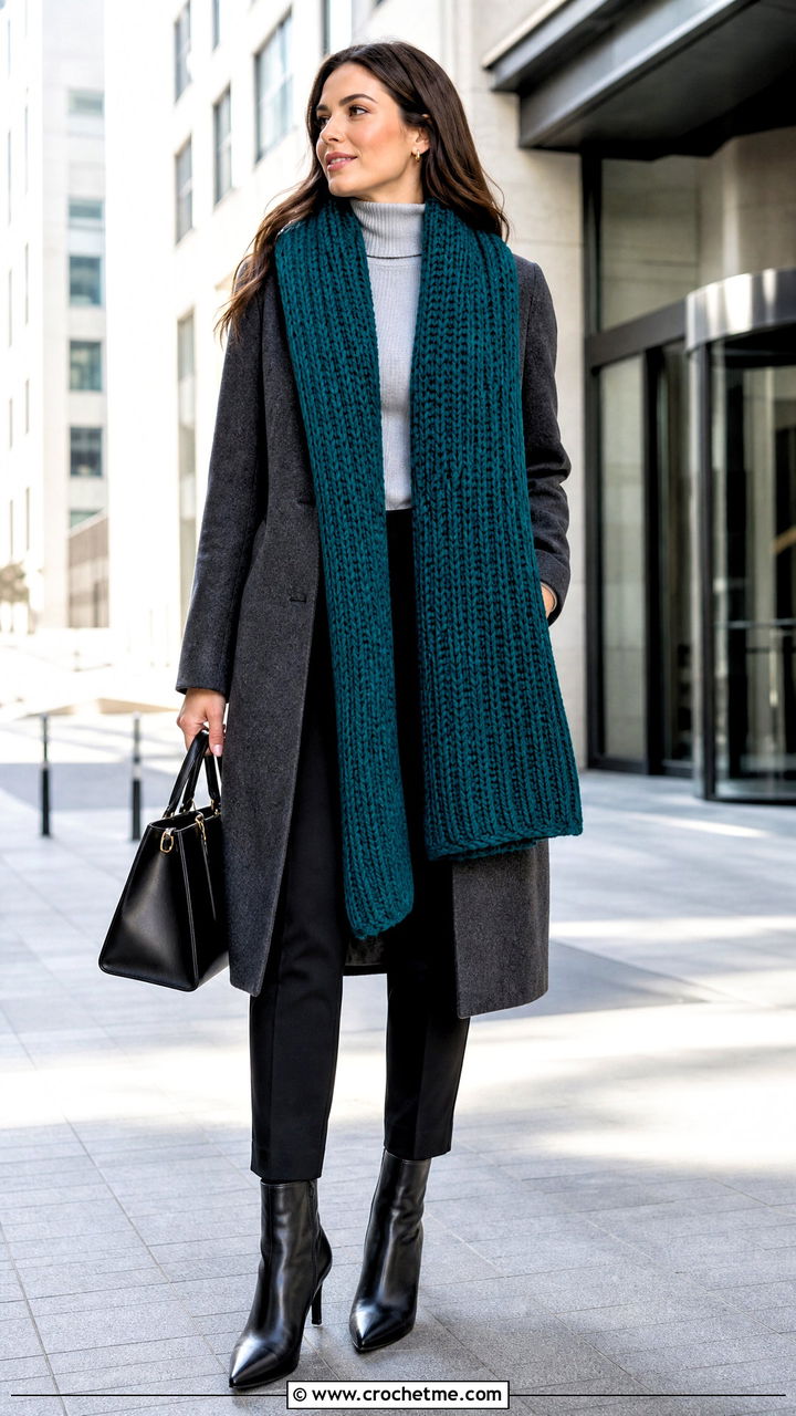 Ribbed Crochet Blanket Scarf With Wool Coat - 35 crochet blanket scarf outfit ideas