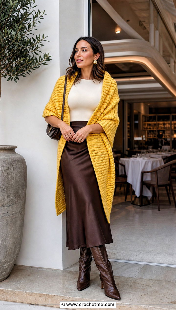 Ribbed Crochet Blanket Shawl With Satin Skirt - 30 crochet blanket shawl outfit ideas
