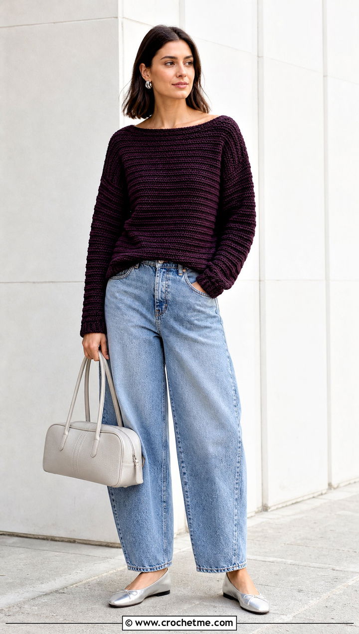 Ribbed Crochet Boat Neck Sweater With Barrel Jeans - 25 Ribbed Crochet Sweater outfit ideas