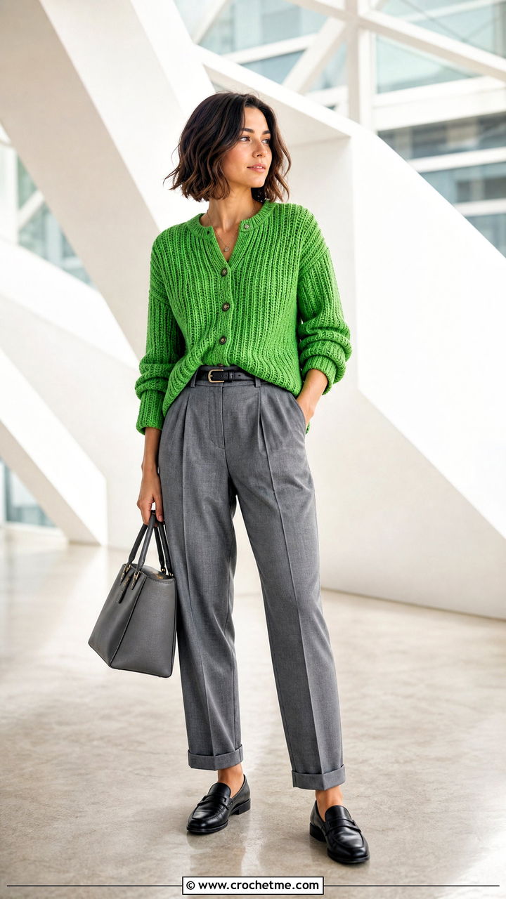 Ribbed Crochet Boho Cardigan With Pleated Trousers - 35 crochet boho cardigan outfit ideas